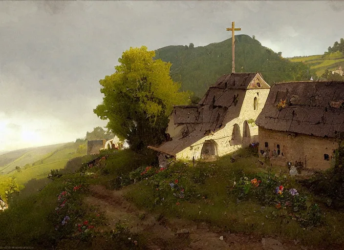 Image similar to from an upstairs window, looking up steep slope, road to church atop hill, playing fields to the right, small stone buildings, carl spitzweg, david curtis, morgan weistling, jim beckner, michael alford, craig mullins, jeremy mann