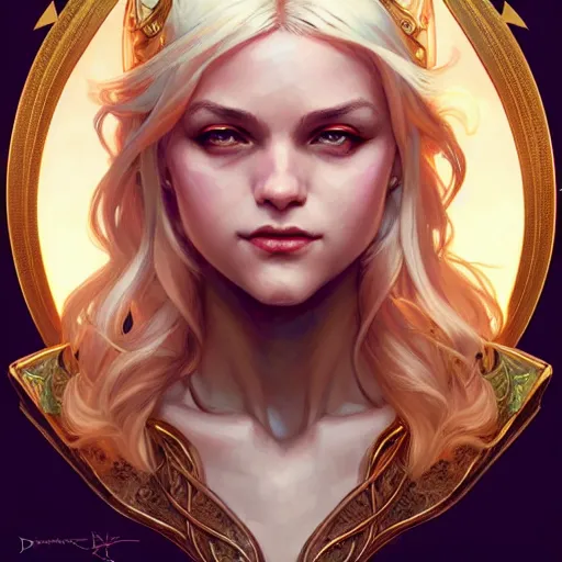 Image similar to an epic fantasy comic book style portrait painting of a young blonde girl thief, d & d, fantasy, joyful smirk, intricate, elegant, highly detailed, digital painting, artstation, concept art, matte, sharp focus, illustration, art by artgerm and greg rutkowski and alphonse mucha