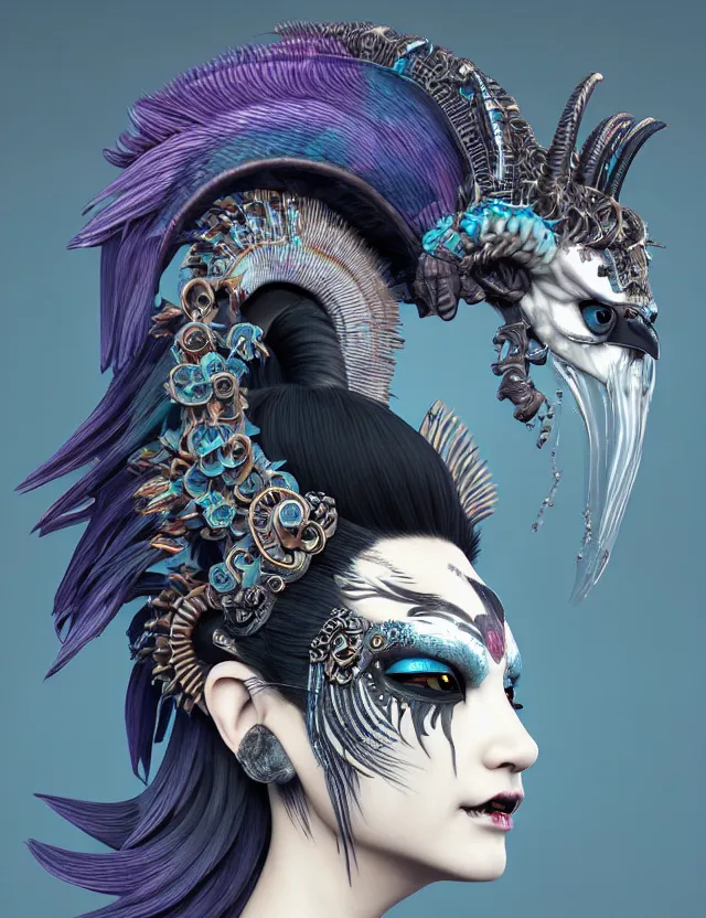 Image similar to 3 d goddess close - up profile portrait punk with mohawk with ram skull. beautiful intricately detailed japanese crow kitsune mask and clasical japanese kimono. betta fish, jellyfish phoenix, bio luminescent, plasma, ice, water, wind, creature, artwork by tooth wu and wlop and beeple and greg rutkowski