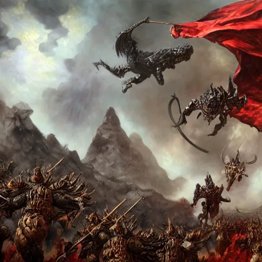 Prompt: an army of demons flying out of a volcano with flag bearers and trumpeters, intricate detail, royo, vallejo, frazetta, giger, klimt, miro, whealan, hd, unreal engine,