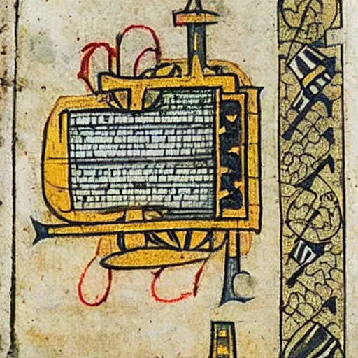 Prompt: bad drawedmix between a turborreactor and a rocket in a medieval manuscript, medieval manuscript, golden miniatures