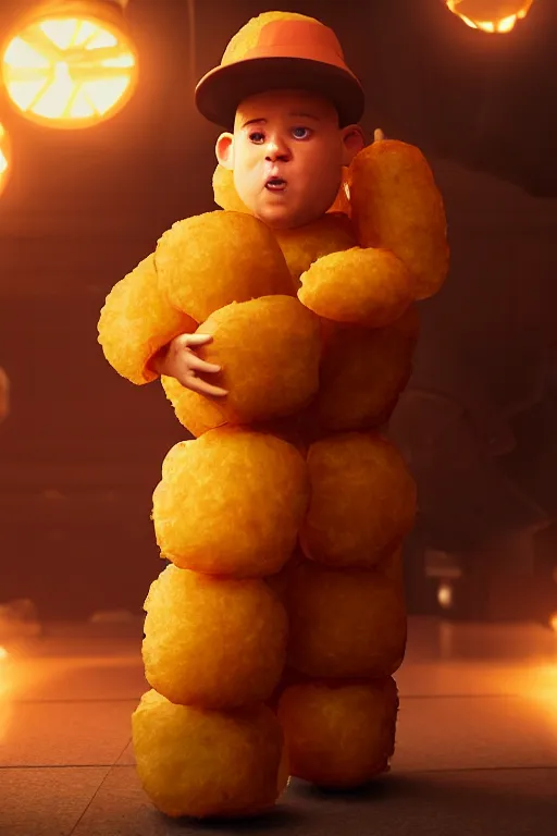 Image similar to channing tatum in a tater tot costume, tater tot face, ef 8 5 mm f 1. 8 usm, bionic scifi alexandre ferra, hyper detailed, digital art, trending in artstation, cinematic lighting, studio quality, smooth render, unreal engine 5 rendered, octane rendered