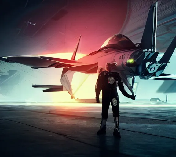 Prompt: fighter pilot stands beside futuristic sci fi fighter jet grounded at runway of cyberpunk city ,dark cinematic lighting , digital concept art