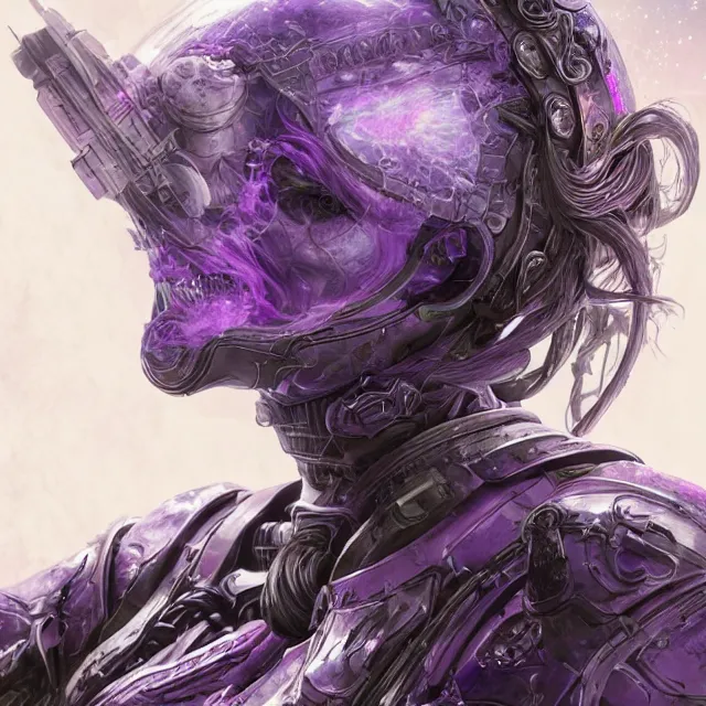 Prompt: facial portrait of a pale woman in sci - fi armor with a flowing purple, elegant, stoic, intense, ultrafine hyperdetailed illustration by kim jung gi, irakli nadar, intricate linework, sharp focus, bright colors, octopath traveler, final fantasy, hearthstone, highly rendered, global illumination, radiant light, detailed, intricate environment