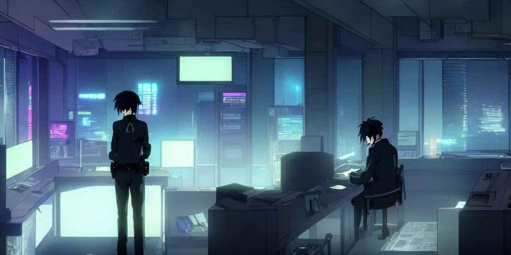 Image similar to an atmospheric empty quiet quiet after hours cyberpunk police office office in the cyberpunk neon noir anime film, Shichiro Kobayashi and makoto shinkai, screenshot in the anime series ergo proxy ergo proxy ergo proxy and Detroit metal city, interior