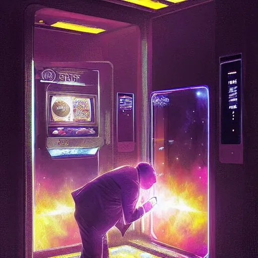 Prompt: a man placing a coin in a vending machine which opens an alien portal, vivid caustics into another universe, realistic photography, beautiful interior, hyperrealism, incredible, award - winning photography, by greg rutkowski, lovecraftian