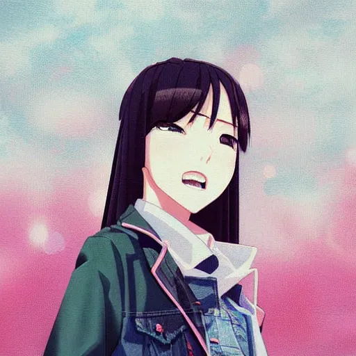 Image similar to a high detail portrait of high school girl by makoto sinkai, kawaii, in simple background, CLIP STADIO, mad painting