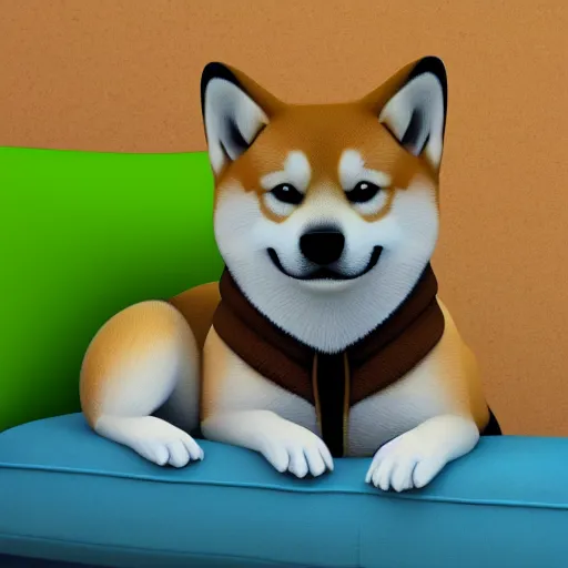 Image similar to a Shiba Inu wearing a green hoodie sitting on a couch, photo, trending on artstation, HDR, nicely detailed, 8k