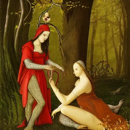 Image similar to “ sensual medieval nurse treating young goddess in a magical forest, artwork, fantasy ”