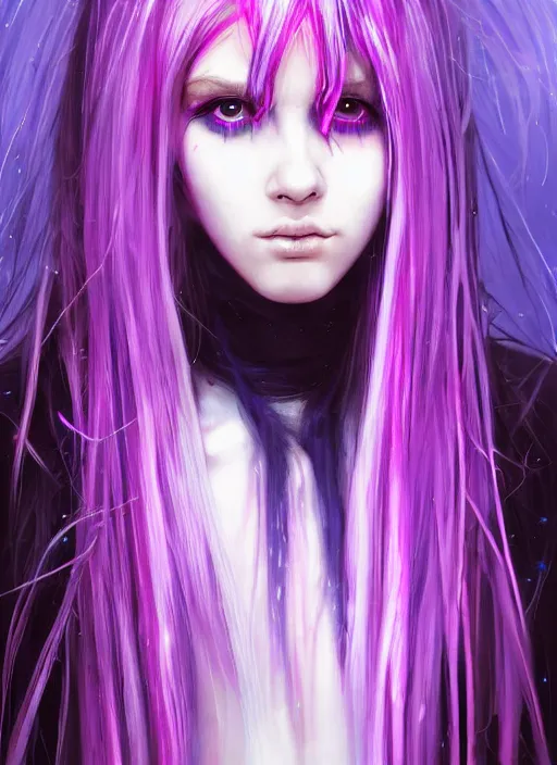 Image similar to hair whitebangs hair, black cyberlox, portrait of teenage girl with white bangs, whitebangsblackhair, messy bangs, cyberlox, whitebangs, red irises, purple clothes, intricate, elegant, glowing lights, highly detailed, digital painting, artstation, concept art, sharp focus, illustration, art by wlop, mars ravelo and greg rutkowski