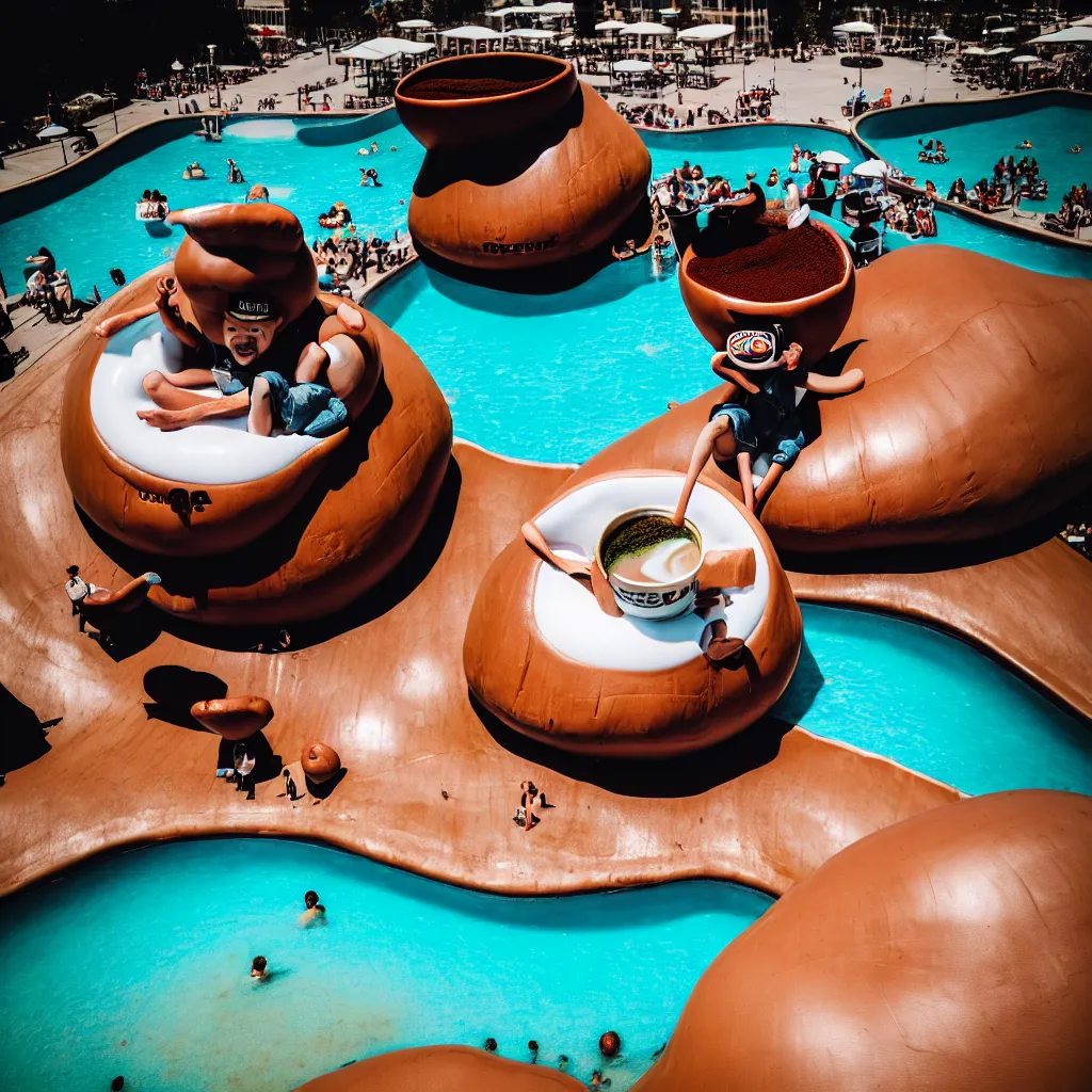 Image similar to tilt - shift view of a coffee - bean character drinking coffee while sitting on a coffee - bean shaped float in a giant coffee - cup shaped pool of coffee with steam rising up into the air