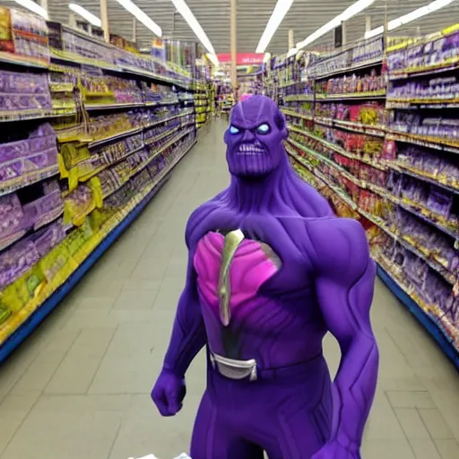 Image similar to thanos looking for his mom at wallmart, sharp focus