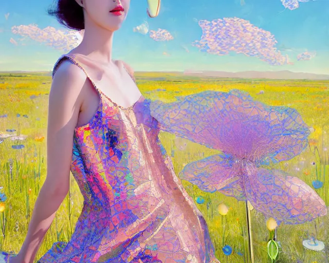 Prompt: lee jin - eun in elegant chic holographic dress emerging from gold gold by martine johanna, michael garmash and katsuhiro otomo, rule of thirds, seductive look, beautiful, cotton candy clouds, puyallup berteronian, himalayan poppy flowers, sea holly flowers, gorgeous, face anatomy, refined, masterpiece