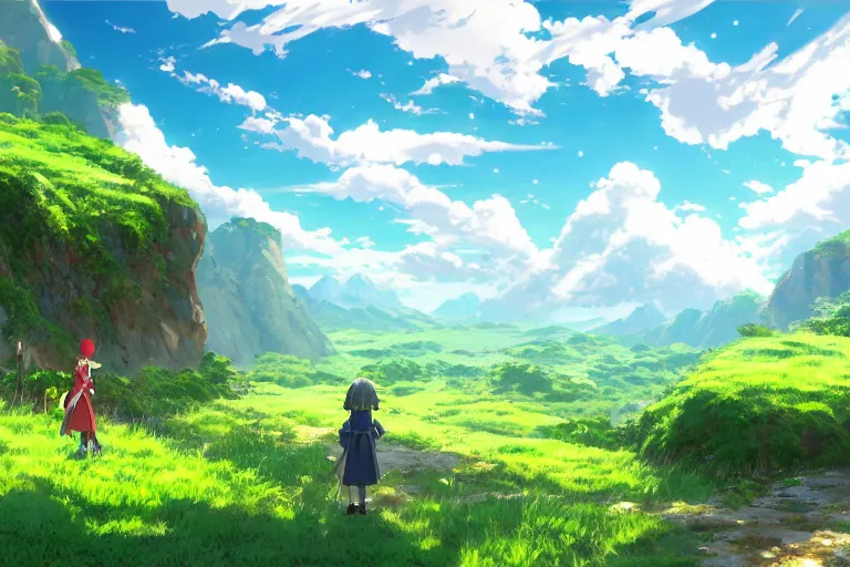 Prompt: wallpaper, 4 k, digital art, genshin impact, photorealism, realistic, unity, unreal engine, blue skies and rolling green fields, rpg isekai adventurers, anime, mountains, by hayao miyazaki, by studio ghibli, high quality, stunning, amazing work of arts, inspirational