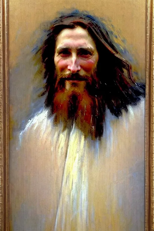 Image similar to impressionist brushstrokes!!!!!!!!! solomon joseph solomon and richard schmid and jeremy lipking victorian loose genre loose painting full length portrait painting of jesus with a slight smile happy inviting