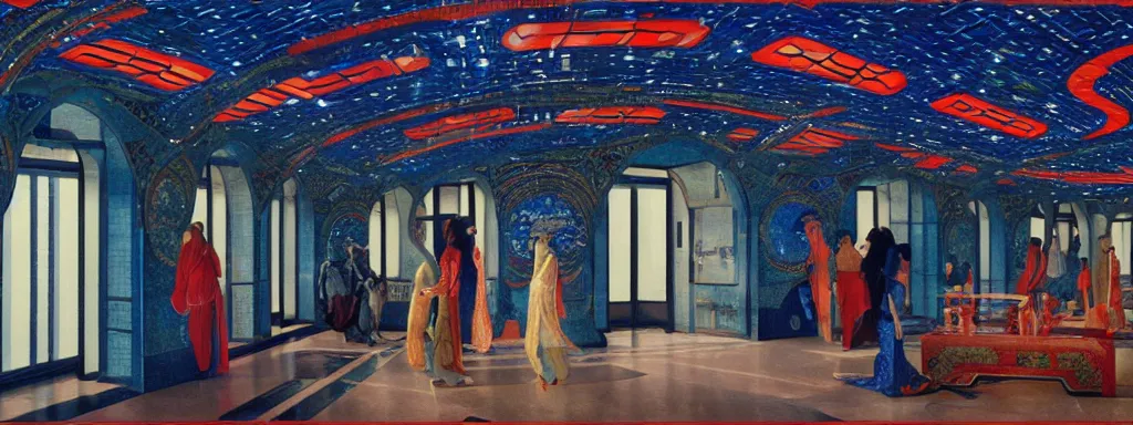 Prompt: sci - fi space ship corridor interior, with windows to night sky outer space, crimson and blue mosaics, with ancient chinese aesthetic, computers and digital monitors, neon lights, luxurious women wearing crop tops and high heels, orientalist painting, by antoine jean gros, theodore chasseriau, pre - raphaelite brotherhood, oil painting on canvas, masterpiece,