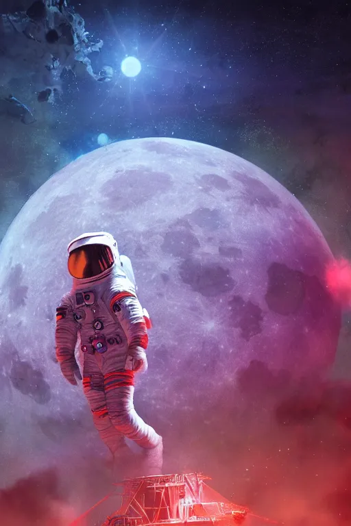 Image similar to trap music concert on the moon, astronaut rave, glowsticks dramatic lighting, cinematic, establishing shot, extremely high detail, foto realistic, cinematic lighting, post processed, concept art, high details, cinematic, 8k resolution, beautiful detailed, photorealistic, digital painting, artstation, concept art, smooth, sharp focus, artstation trending, octane render, unreal engine