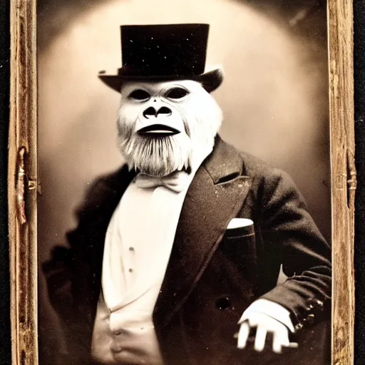 Image similar to a vintage wet plate portrait of a dignified bigfoot with a top hat and cane, extremely detailed, by angus mcbean!!!!!!!!!!!!!!!!!!