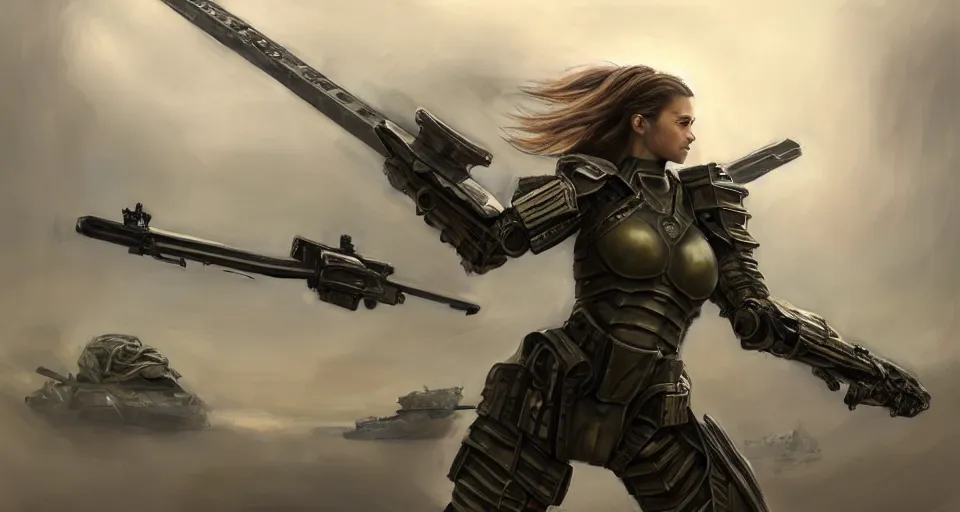 Image similar to a photorealistic painting of an attractive young warrior girl, clothed in stealth-battle armor with a giant sci-fi sniper rifle in her hands, olive skin, long dark hair, beautiful bone structure, symmetrical face, perfect eyes, a futuristic hover-tank with heavy laser-turret in the background, intricate details, elegant, digital painting, illustration, sharp focus, minimal artifacts, from Metal Gear, in the style of Ruan Jia and Mandy Jurgens and Greg Rutkowski, trending on Artstation, award winning, unreal engine, octane render