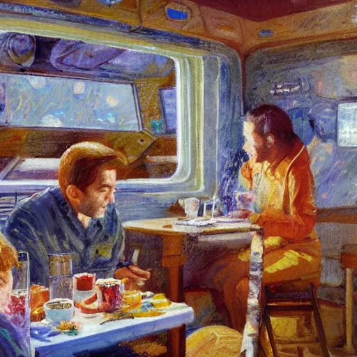 Image similar to impressionism painting American Breakfast in space drawn by Alan Bean