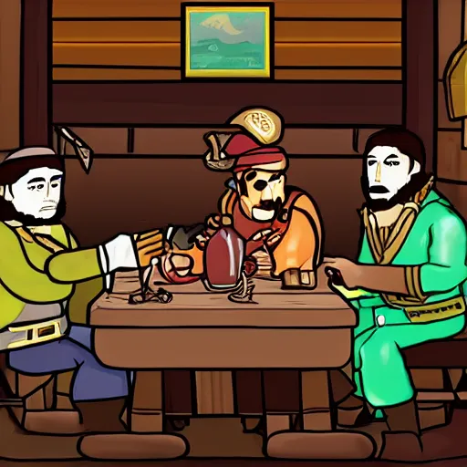 Image similar to Three important pirates drinking grog in a tavern table 16 bit computer art