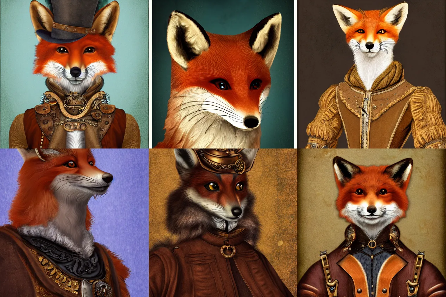 Prompt: A detailed Renaissance portrait of a smirking anthropomorphic fox wearing steampunk garb, digital art, 4k