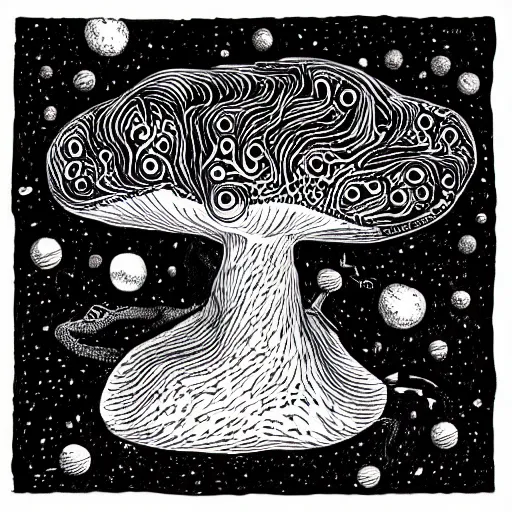 Image similar to black and white ink doodle illustration of an ancient tree floating in outer space, overgrown with funghi, style by peter deligdisch, peterdraws