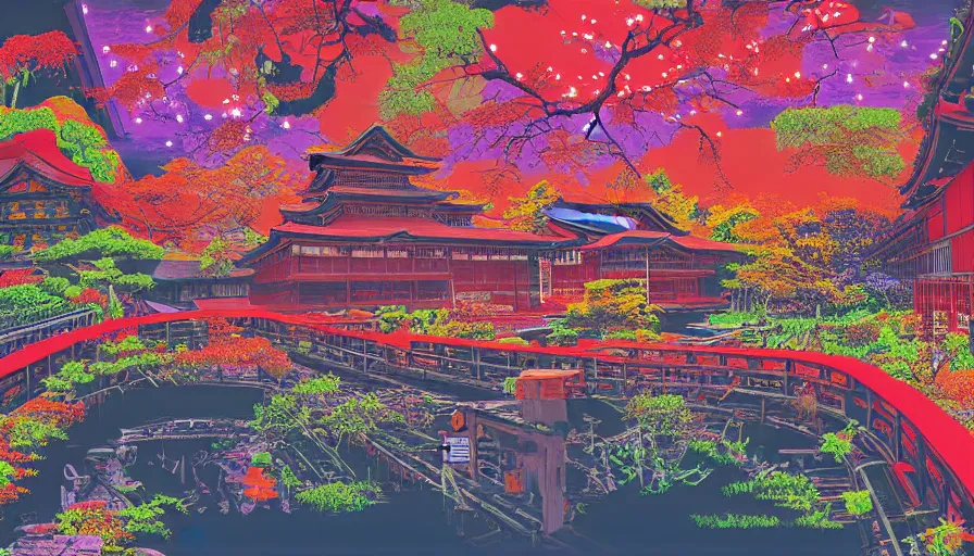 Image similar to Japan rural splendor rail travel and touring c2050, surrealist psychedelic photo-collage painting spot illustration in the style of Newsweek magazine, +81 magazine, muted deep neon color, clean slick design