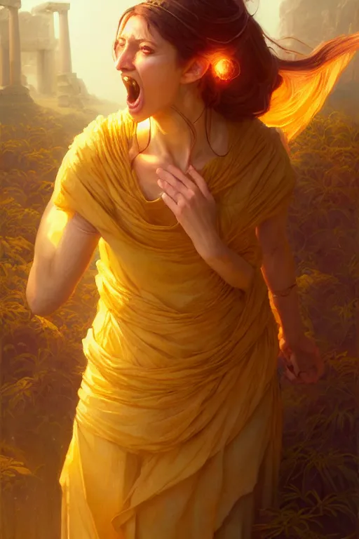 Image similar to high detail portrait, screaming woman wearing an ancient greek yellow paper tunic, stephen bliss, fantasy art by greg rutkowski, rhads, ferdinand knab, makoto shinkai and lois van baarle, ilya kuvshinov, rossdraws, tom bagshaw, global illumination, radiant light, ancient greek temple ruins, orange and blue color theme