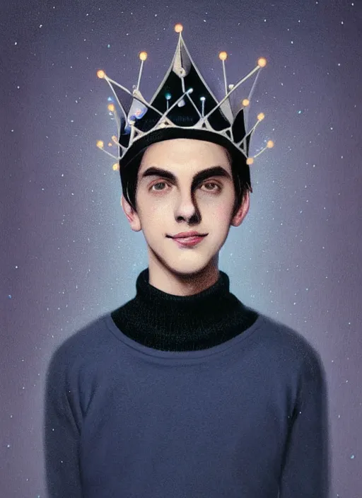 Image similar to portrait of teenage jughead jones wearing a light grey crown, crown, blue turtleneck, 1 9 5 0 s, closed eyes, photorealistic, black hair, glowing lighting, intricate, elegant, glowing lights, highly detailed, digital painting, artstation, concept art, smooth, sharp focus, illustration, art by wlop, mars ravelo and greg rutkowski