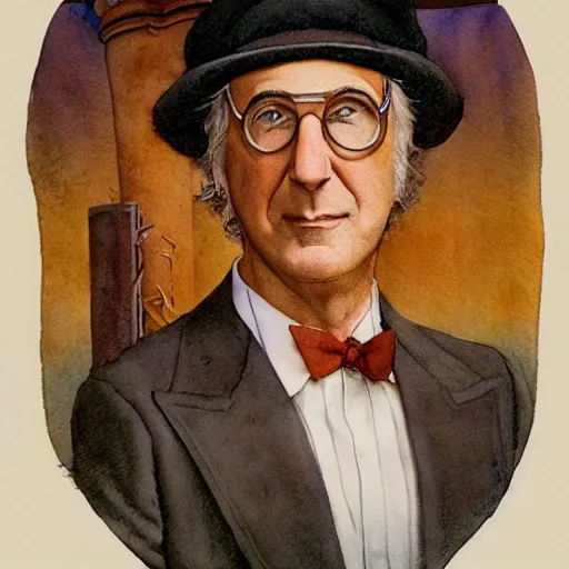 Image similar to realistic portrait of larry david in a pizza costume, detailed art by maxfield parrish and jessie willcox smith, illustration style, watercolor