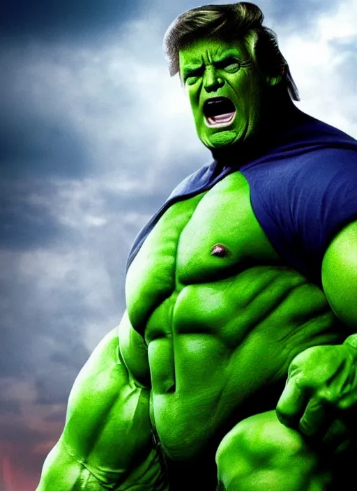 Image similar to donald trump as the hulk, green, superhero movie poster still, 4 k