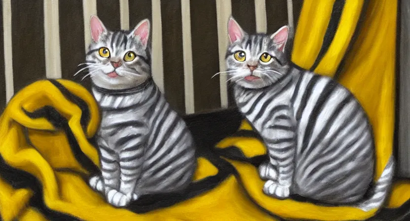 Image similar to oil painting extreme wide shot of a white and grey tabby cat wearing a black yellow striped hufflepuff scarf, in the Gloucester Cathedral cloisters, digital painting, high detail, award-winning, playful