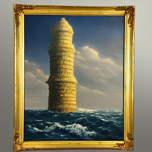 Image similar to highly detailed oil painting art of an ethereal tower rising from the ocean