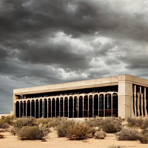 Prompt: museum building made with concrete and weathered steel in the desert in the style of Eric Strain and Assemblage Studio, dramatic cloudy monsoon sky, cinematic lighting, illuminated windows, with Las Vegas as a backdrop