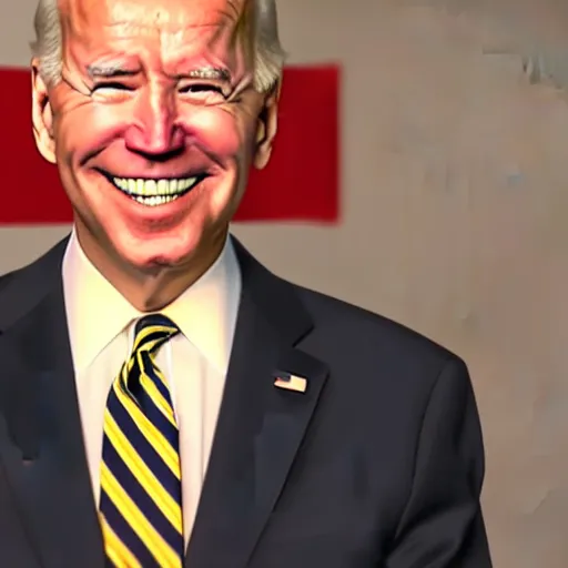 Image similar to joe biden in shadow grinning glowing eyes, backlit, 8 k, rule of thirds, ultra detailed.