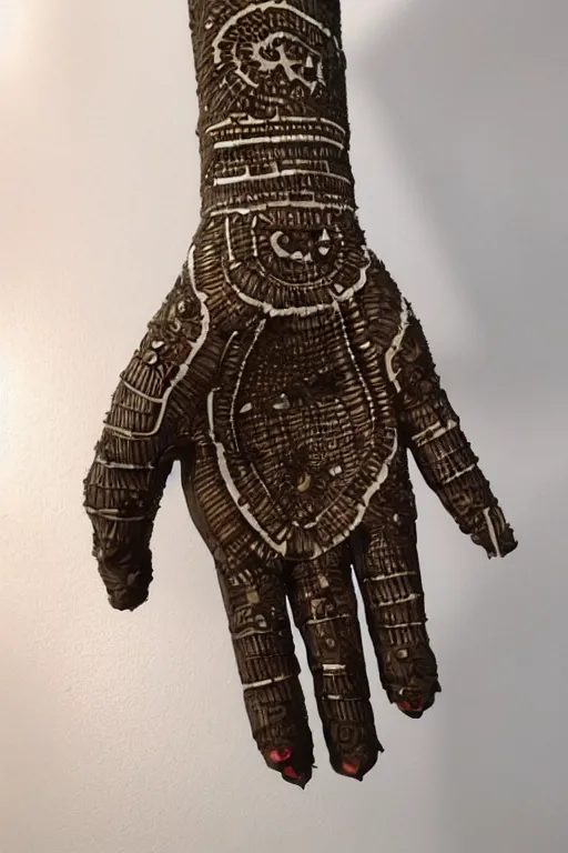 Image similar to ceramic robotic hand covered in henna