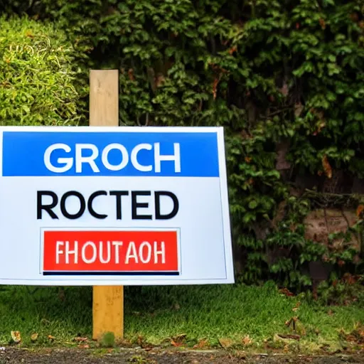 Image similar to a cardboard sign that says gxrch posted at a suburban street corner, photograph