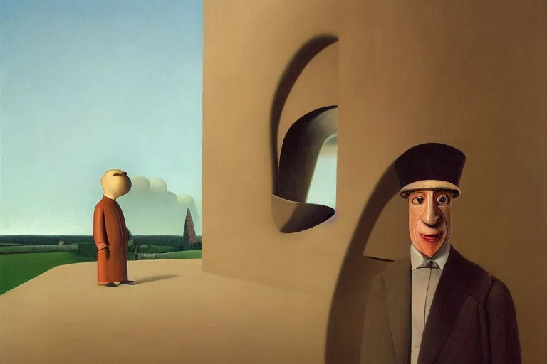 Prompt: Man with a gigantic nose banished from the village, by Grant Wood, Brian Despain, surrealism, figurativism, Giorgio de Chirico, brutalism, artstation