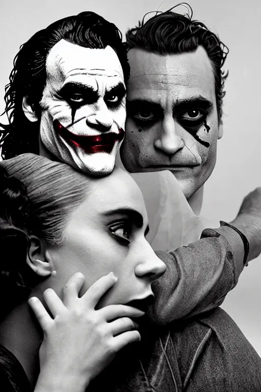 Image similar to joaquin phoenix joker with harley queen lady gaga, photorealistic, ultrarealistic, smooth, 4 k, aesthetic lighting, baroque object, sharp focus, hyperdetailed, professional photography, pullitzer winning, 8 0 0 photo by : canon eos 5 d mark iv, by karah mew and adnan abidi and jodie bateman and ansel adams