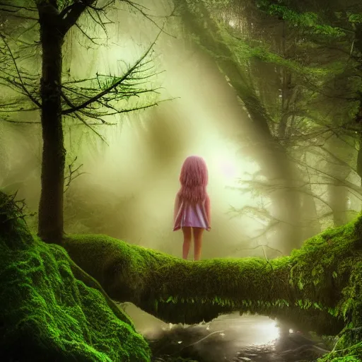 Prompt: forest child and fairy, light, river, magical forest, fog, moss