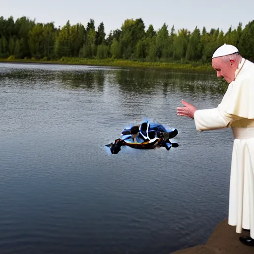 Image similar to cute photo of Pope Francis blessing pond turtle, HD photography, Canon eos r3, 8k resolution
