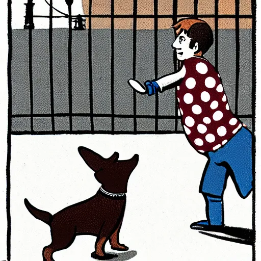 Image similar to illustration of french boy on the streets of paris playing football against a corgi, the dog is wearing a polka dot scarf, comic, 1 9 7 2