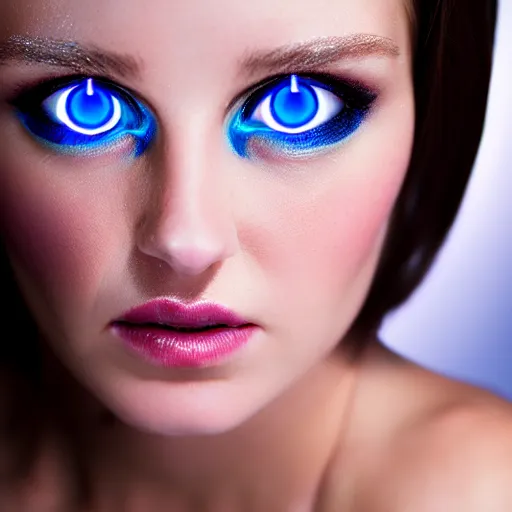 Prompt: photo portrait of very very very beautiful woman face staring into camera, realism, blue eyes, extreme detail, key art, ring light, flash, photo by greg rutkoski, photoshoot