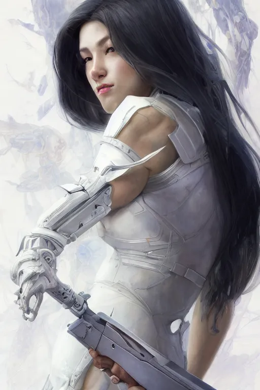 Prompt: >> professional portrait of female an cryogenic assassin in dynamic pose with white paled skin , armor elements , long dark hair, beautiful bone structure, symmetrical facial features, intricate, elegant, digital painting, concept art, smooth, sharp focus, illustration, by Ruan Jia and Mandy Jurgens , and mucha, and Artgerm and William-Adolphe Bouguerea