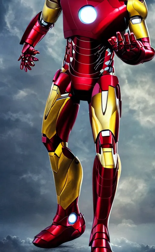 Image similar to full body shot of Iron man in a dynamic pose, high detail, complex