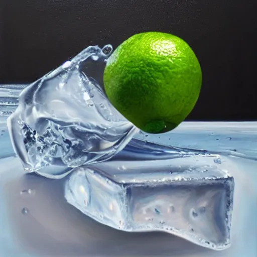 Image similar to realistic painting of an ice cube beginning to melt next to a lime wedge, black background