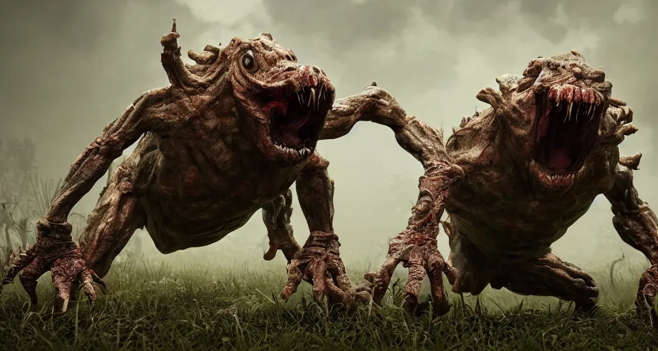 Prompt: a grotesque and malformed monster crawling towards the camera, high quality, unreal engine, octane render, natural light outside, animated horror still