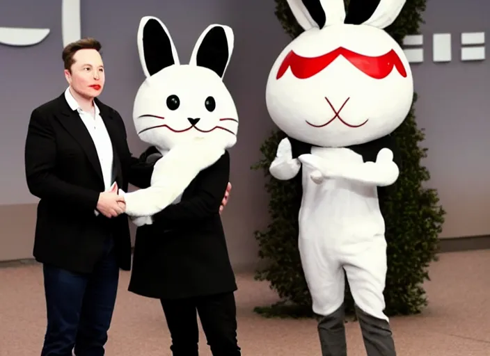 Image similar to elon musk presenting the new tesla wearing a bunny costume, award winning photo