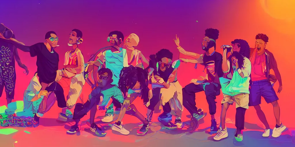 Prompt: multiracial friends rapping with microphone in living room, epic poses, distinct figures, digital art, vaporwave light show, psychedelic, diverse representation, surreal, hip hop, trending on Artstation, professional artist, detailed, 4k